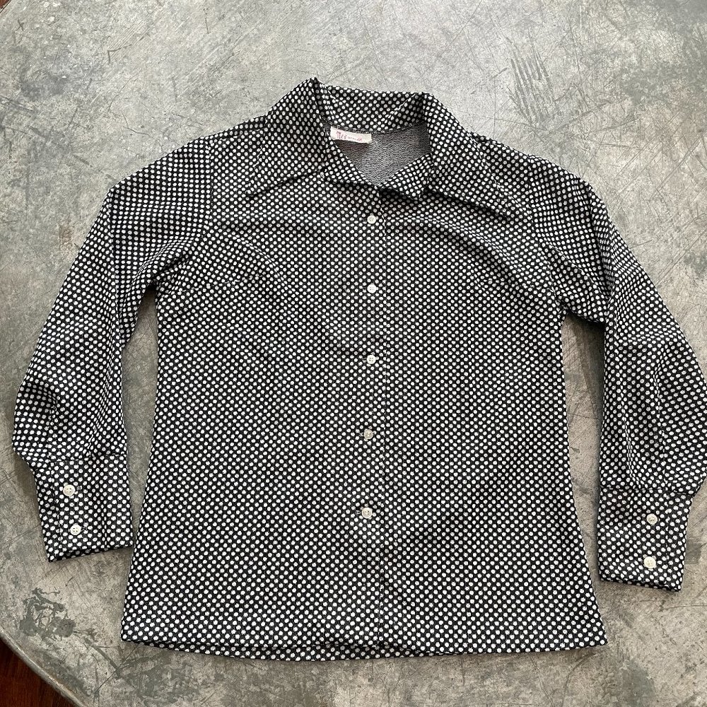 Vintage 60s 70s Bradley Black White Polka Dot Retro Button Up Shirt Medium
